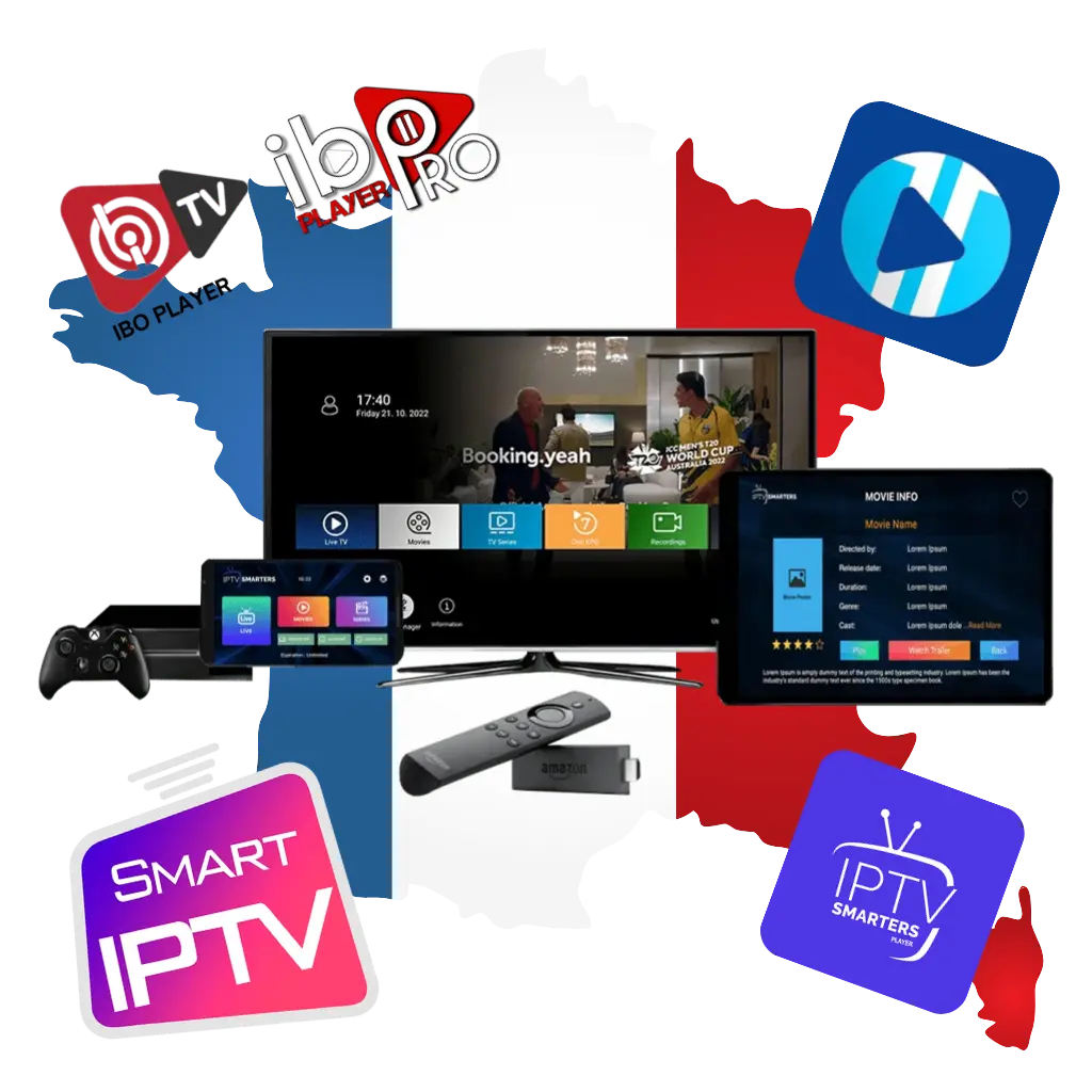 Une image représentant une carte de France avec des images d'affiches pour certaines applications IPTV au milieu