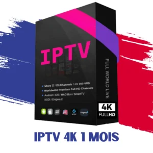 Boîte de produit pour un service IPTV player offrant plus de 22 000 chaînes et 110 000 VOD, compatible avec Android, iOS, MAG Box, SmartTV, KODI et Enigma 2, avec des chaînes Full HD et 4K.