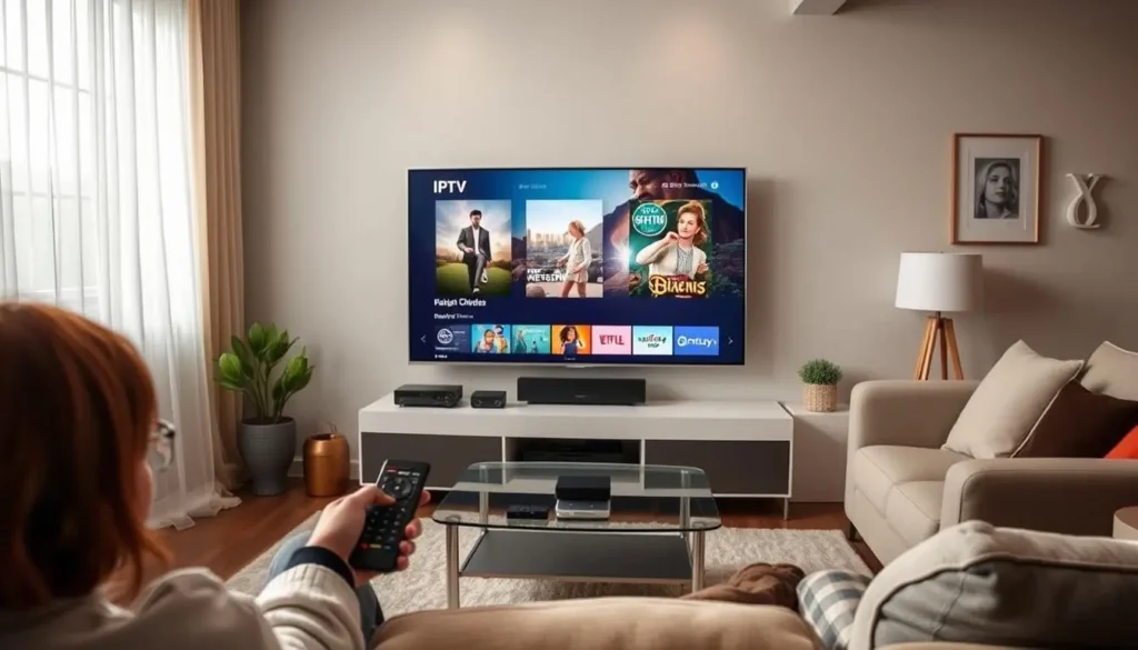 Un salon moderne avec un élégant téléviseur à écran plat affichant du contenu IPTV, une personne utilisant une télécommande pour naviguer, divers appareils de streaming connectés au téléviseur, des meubles confortables, un éclairage doux et une décoration élégante.