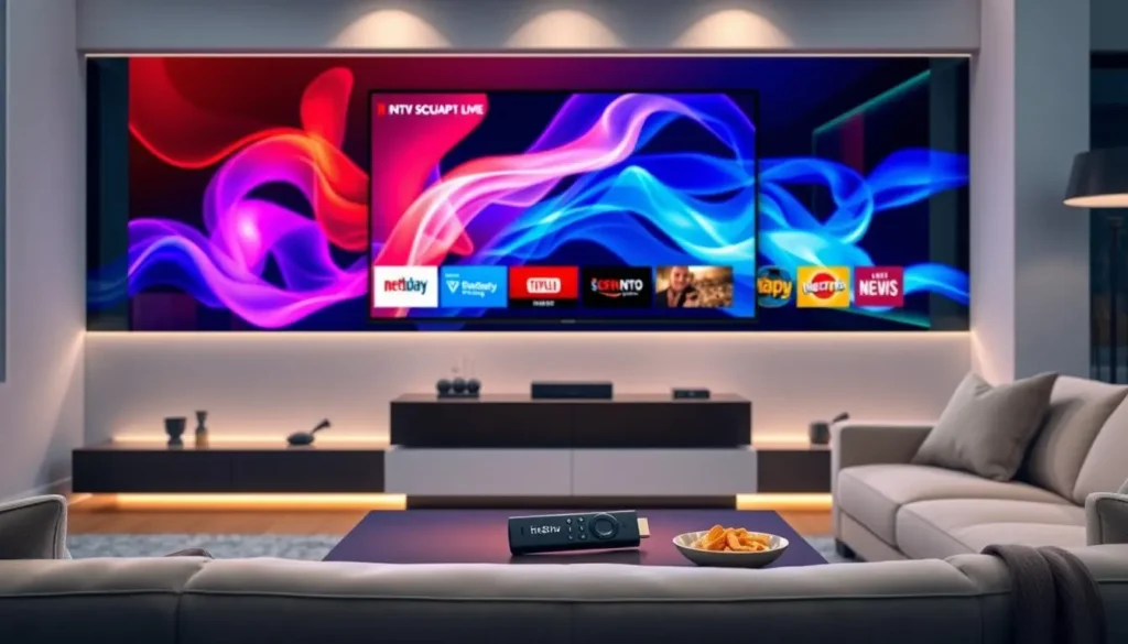 Une scène de salon élégante et moderne avec un grand téléviseur affichant un contenu IPTV dynamique, avec un appareil Firestick branché sur le port HDMI. Les détails subtils incluent un canapé confortable, un éc