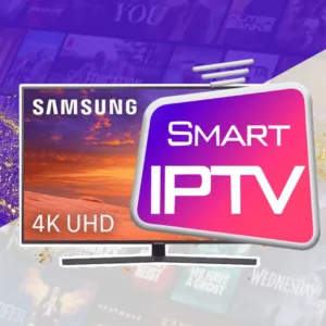 Image promotionnelle de Smart IPTV avec un téléviseur Samsung 4K UHD affichant un paysage désertique, combinée au logo moderne de Smart IPTV sur un fond coloré.