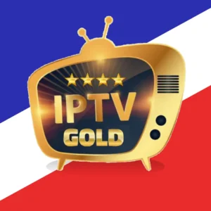 Image d'un logo doré en forme de télévision avec l'inscription IPTV GOLD en lettres majuscules, surmontée de quatre étoiles dorées. L'arrière-plan est divisé en trois sections diagonales bleu en haut, blanc au c